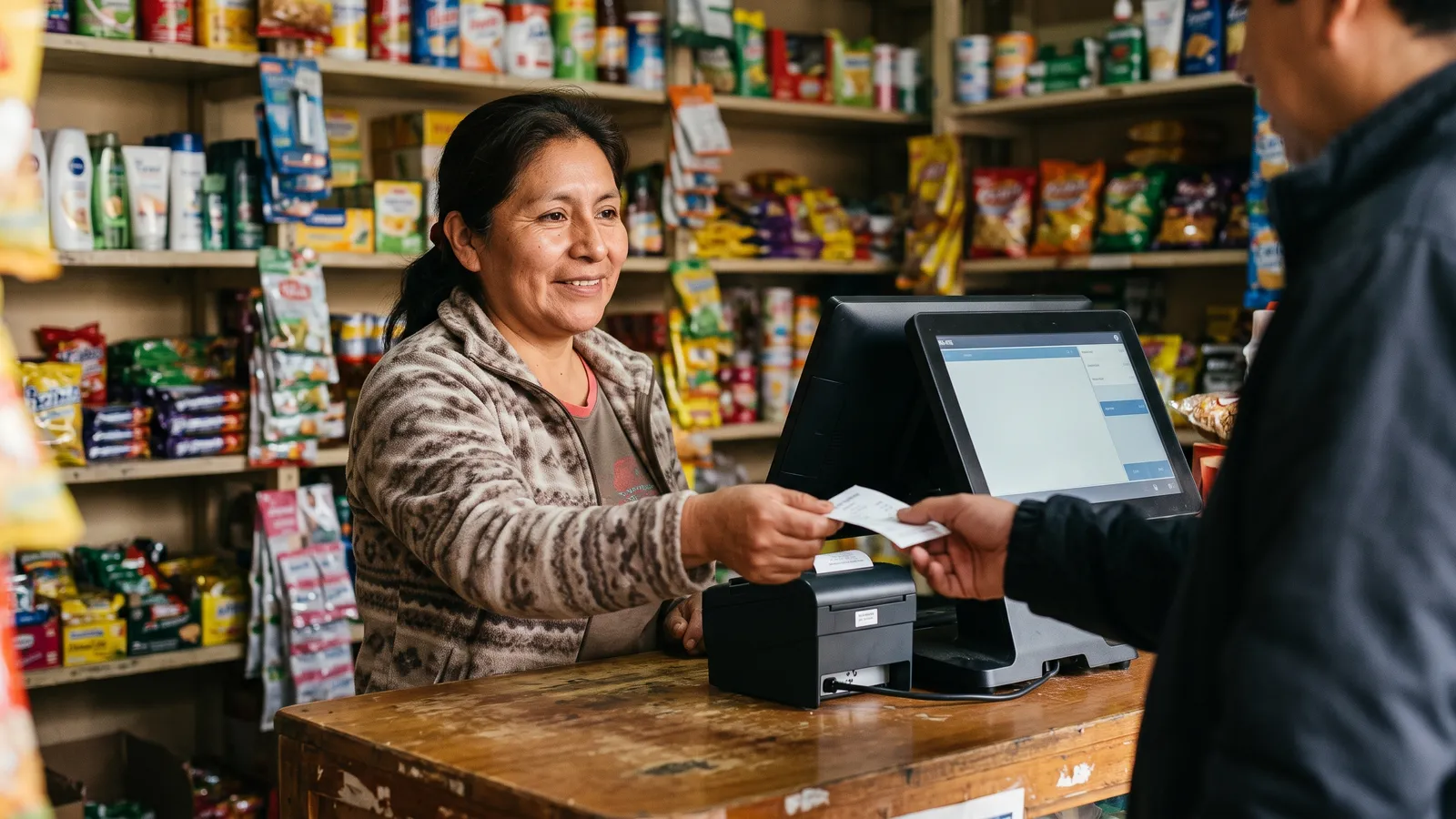 Bodeguera entrega el comprobante impreso a un cliente sobre el mostrador