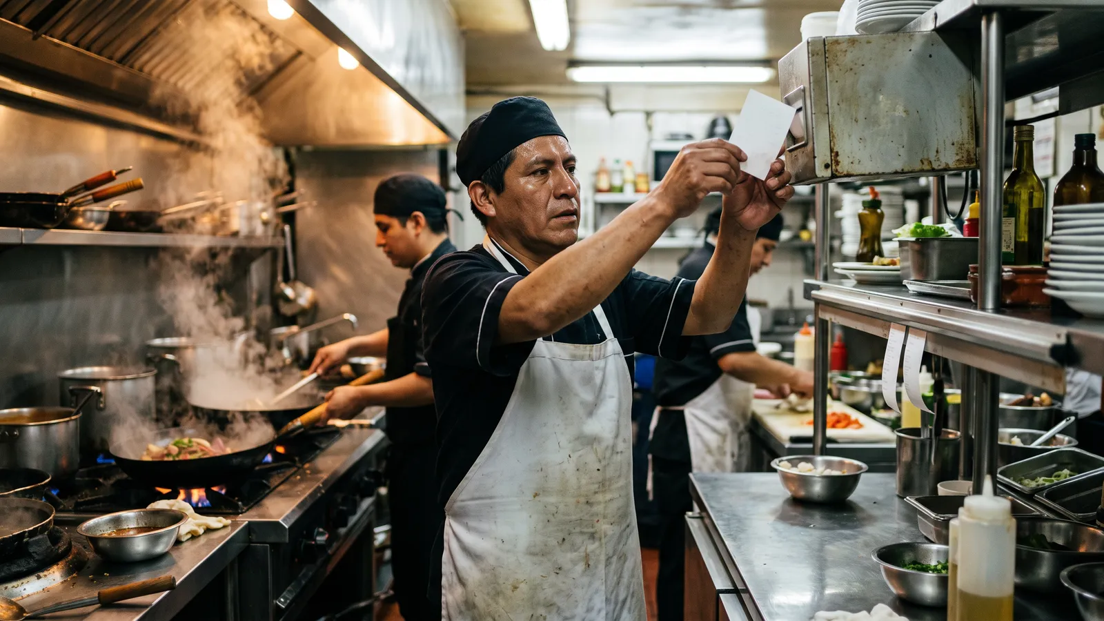 Cocinero retira una comanda de la impresora en la línea de un restaurante