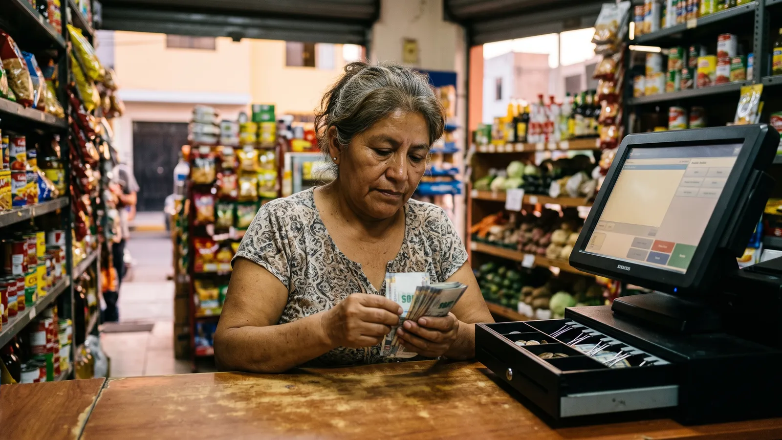Bodeguera cuenta el efectivo del día junto a la gaveta abierta y el punto de venta