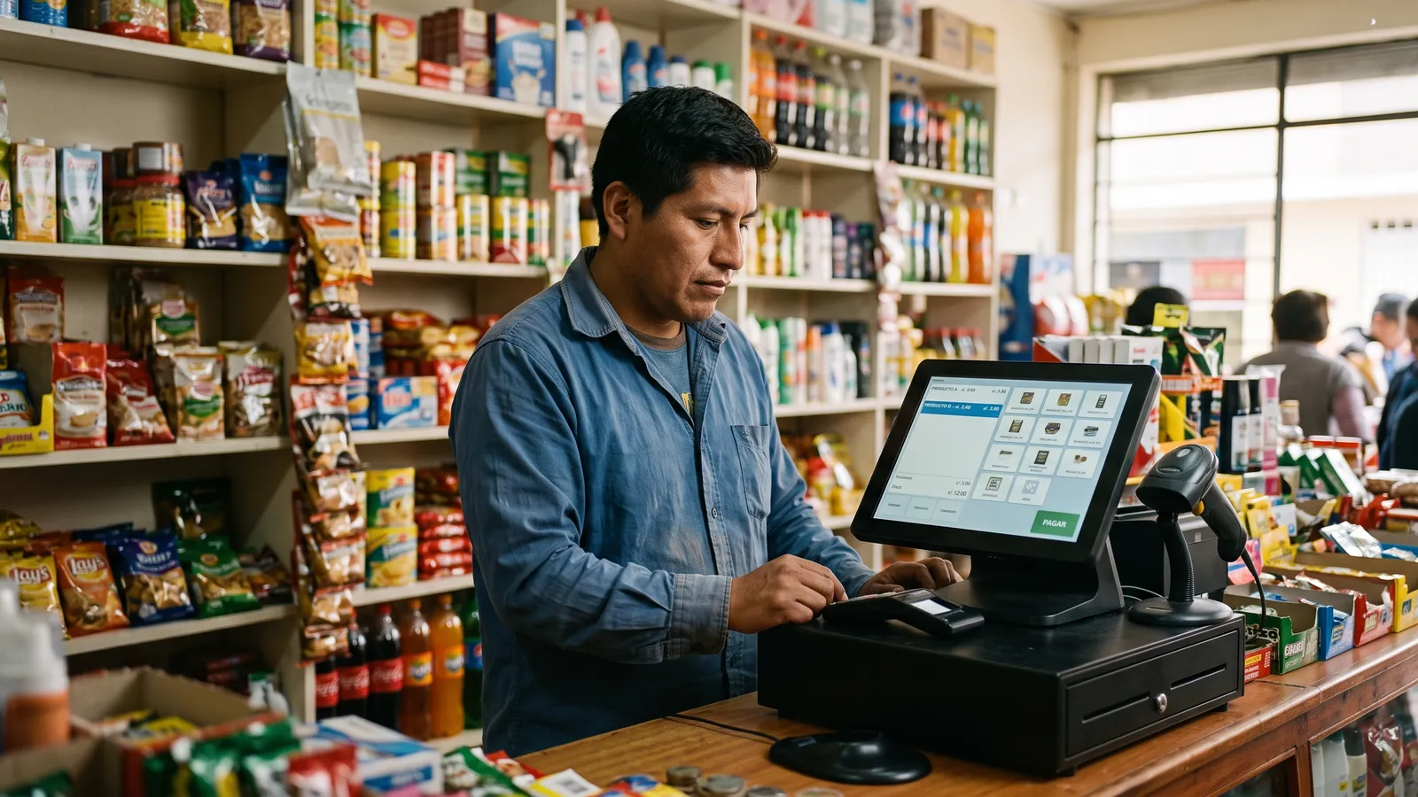Dueño de una tienda revisa la pantalla de su punto de venta en el mostrador