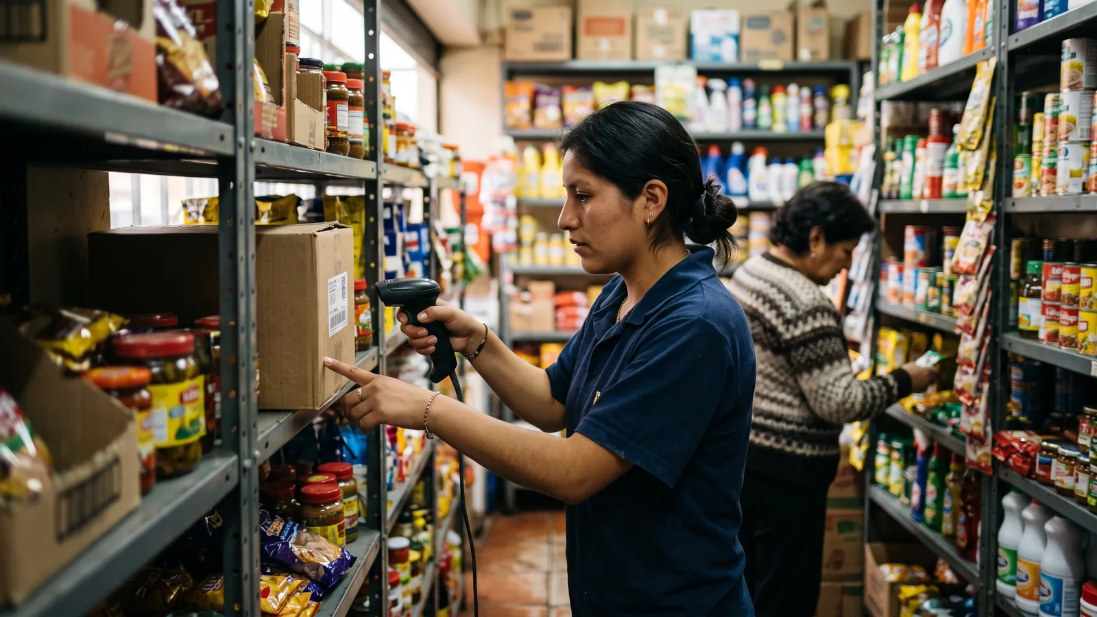 Trabajadora escanea cajas en los estantes con la tienda abierta al público