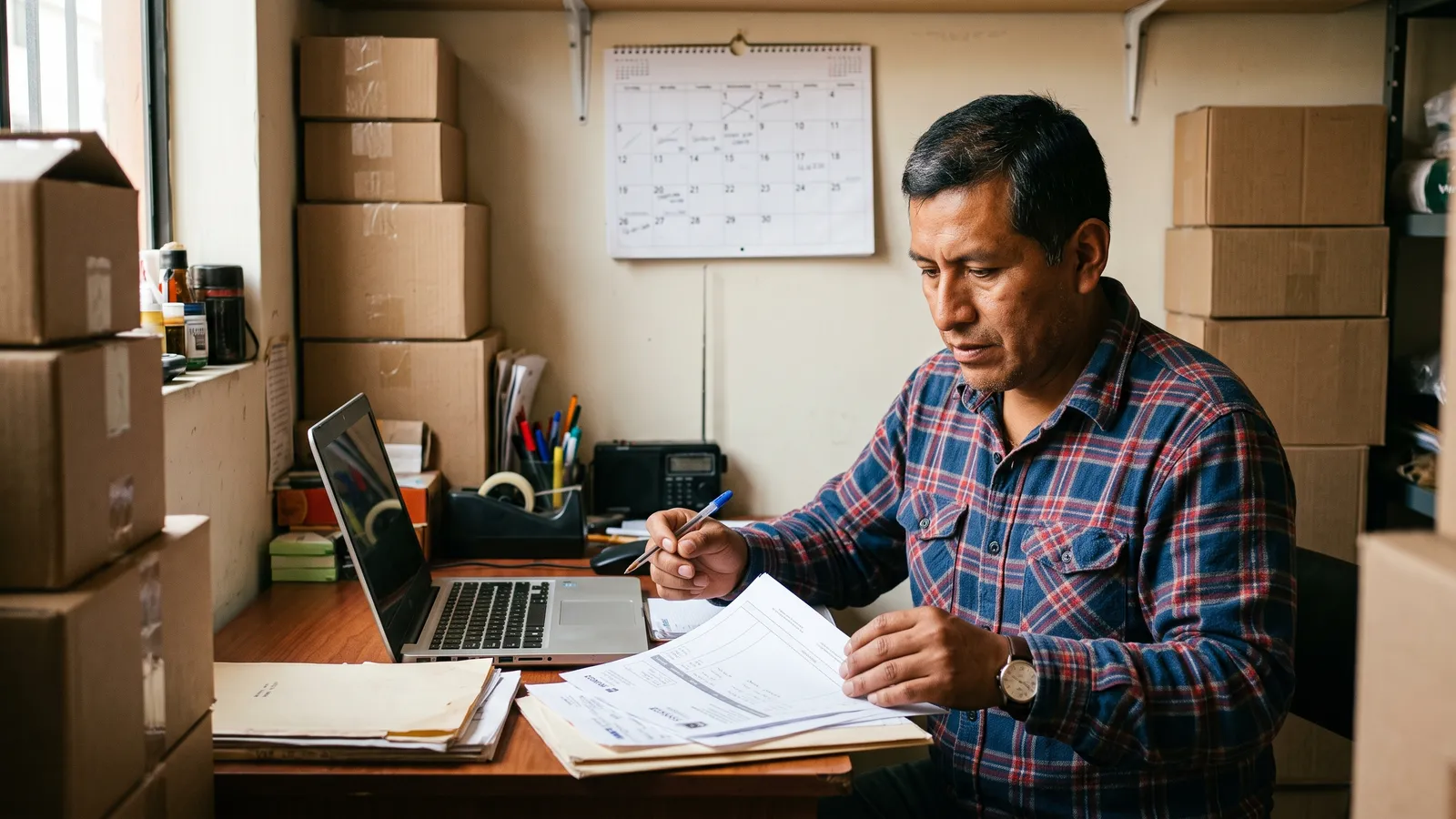 Dueño de negocio revisa facturas en su trastienda, con el calendario en la pared
