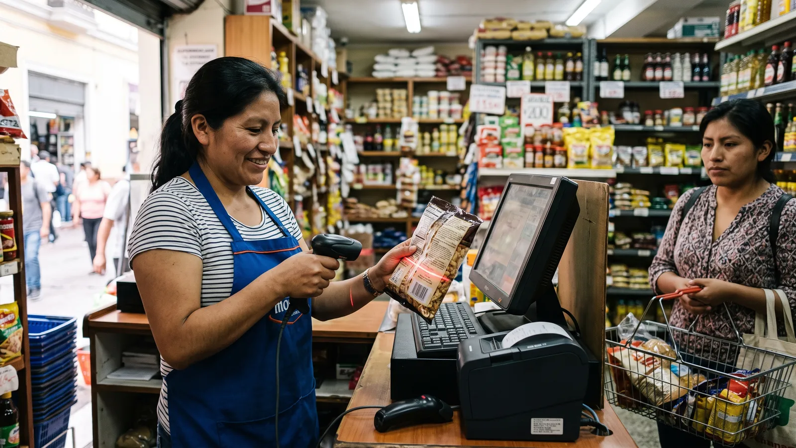 Cajera de minimarket escanea un producto mientras una clienta espera con su canasta