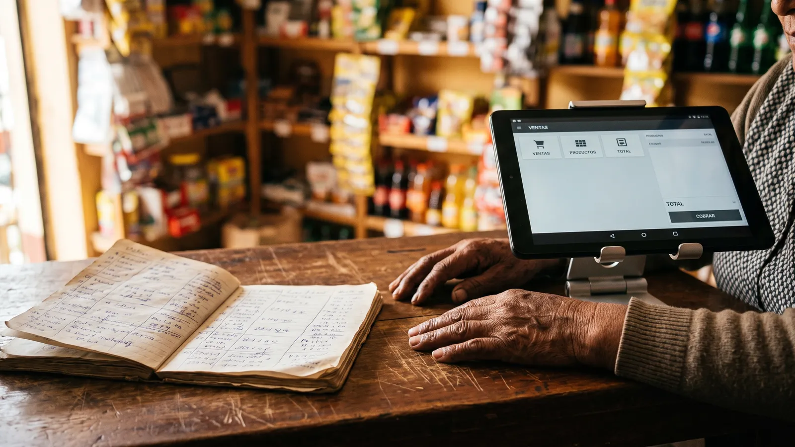 Cuaderno de apuntes a mano abierto sobre el mostrador, al lado del punto de venta