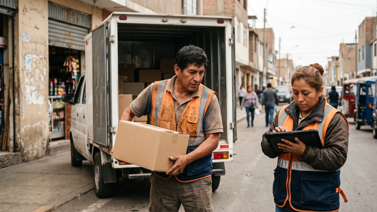 Trabajadores cargan mercadería a un camión mientras uno revisa la tablet