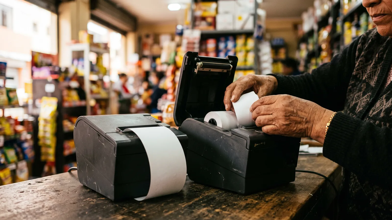 Dos impresoras térmicas de distinto ancho en el mostrador de una bodega