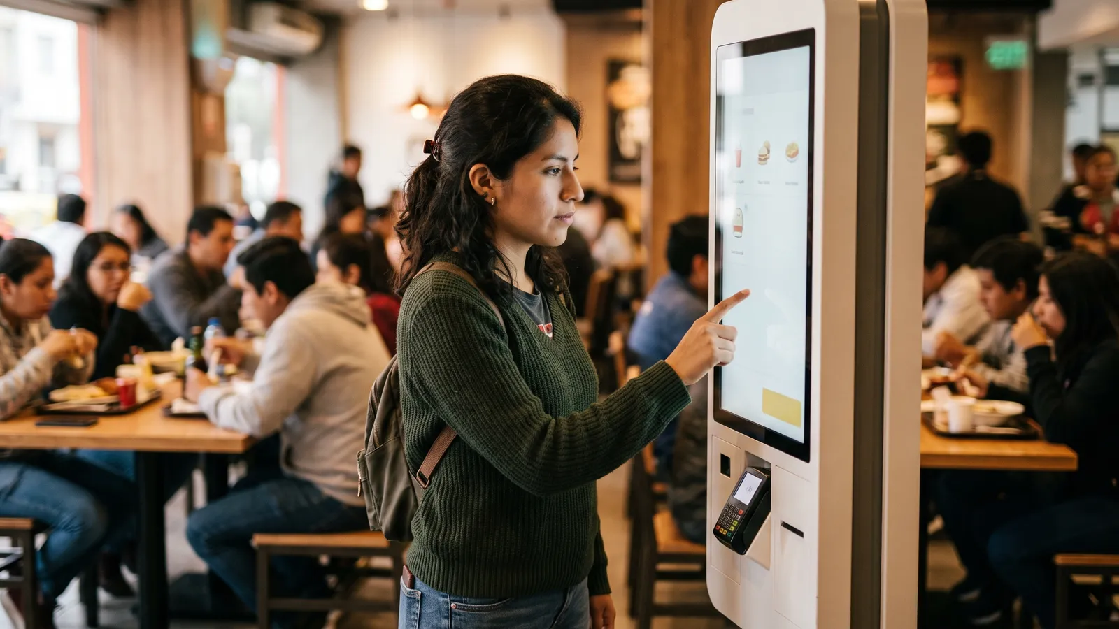 Clienta hace su pedido en el kiosco de autoservicio de un restaurante