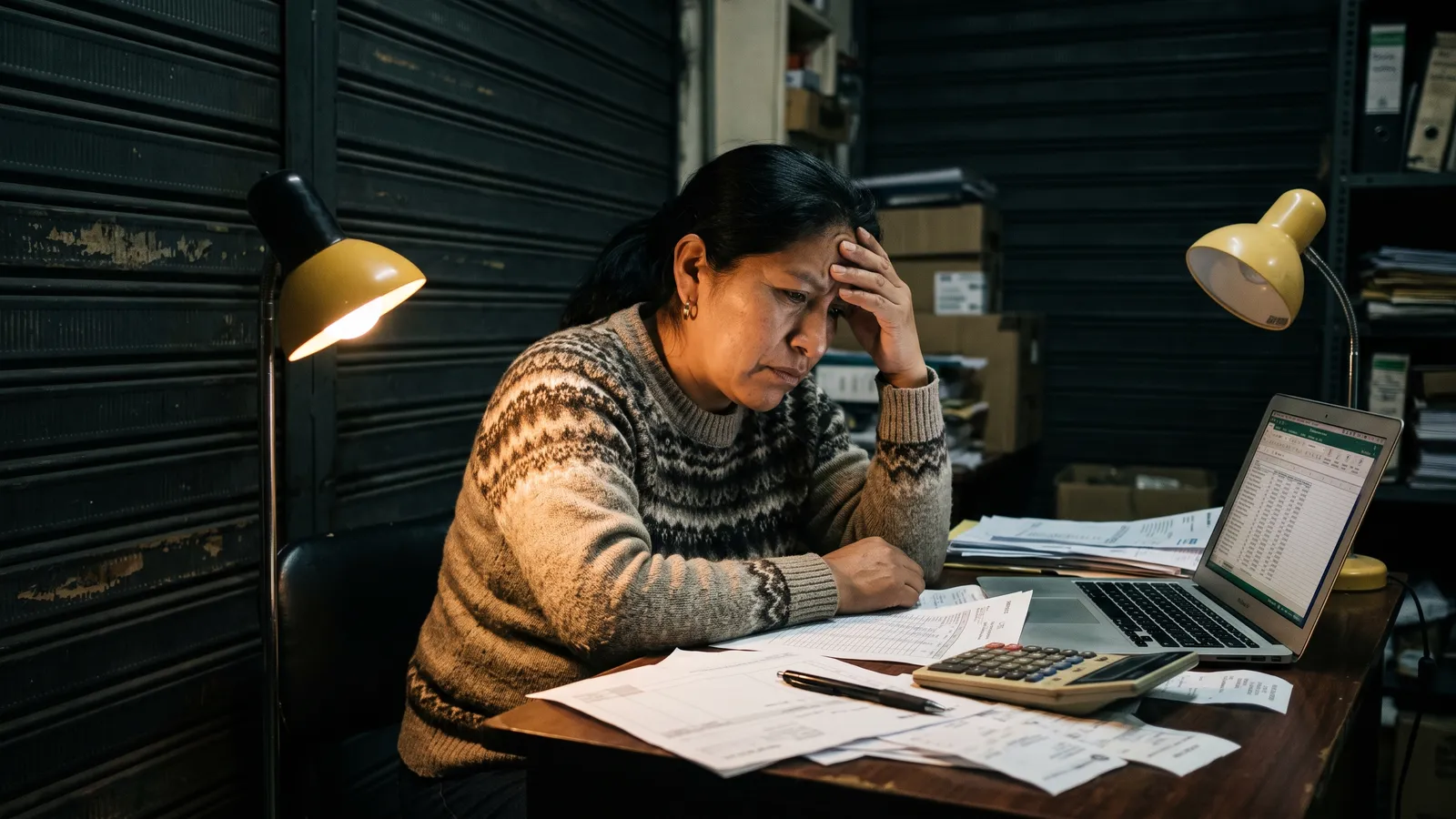 Comerciante revisa papeles de noche en su escritorio, con cara de preocupación