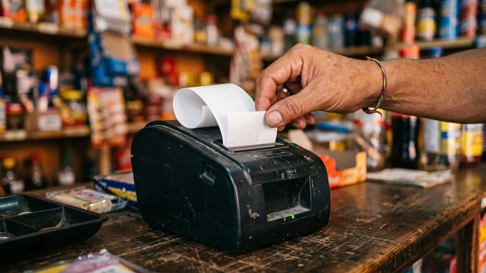 Mano de un comerciante retira el comprobante que sale de la impresora térmica
