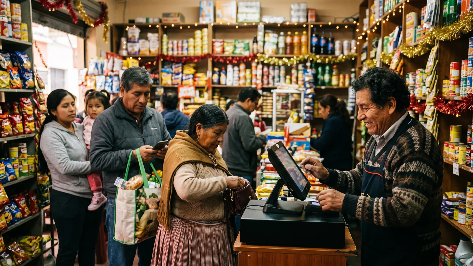 Bodega llena de clientes en campaña de fin de año, con cola en la caja
