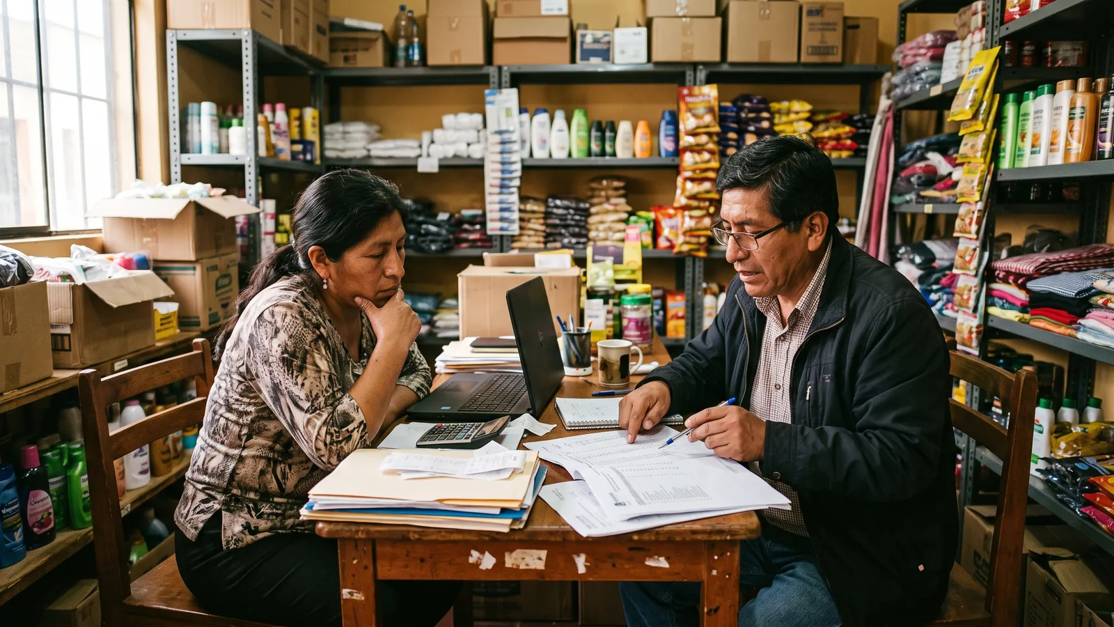Dueña de negocio y su contador revisan documentos juntos en la trastienda