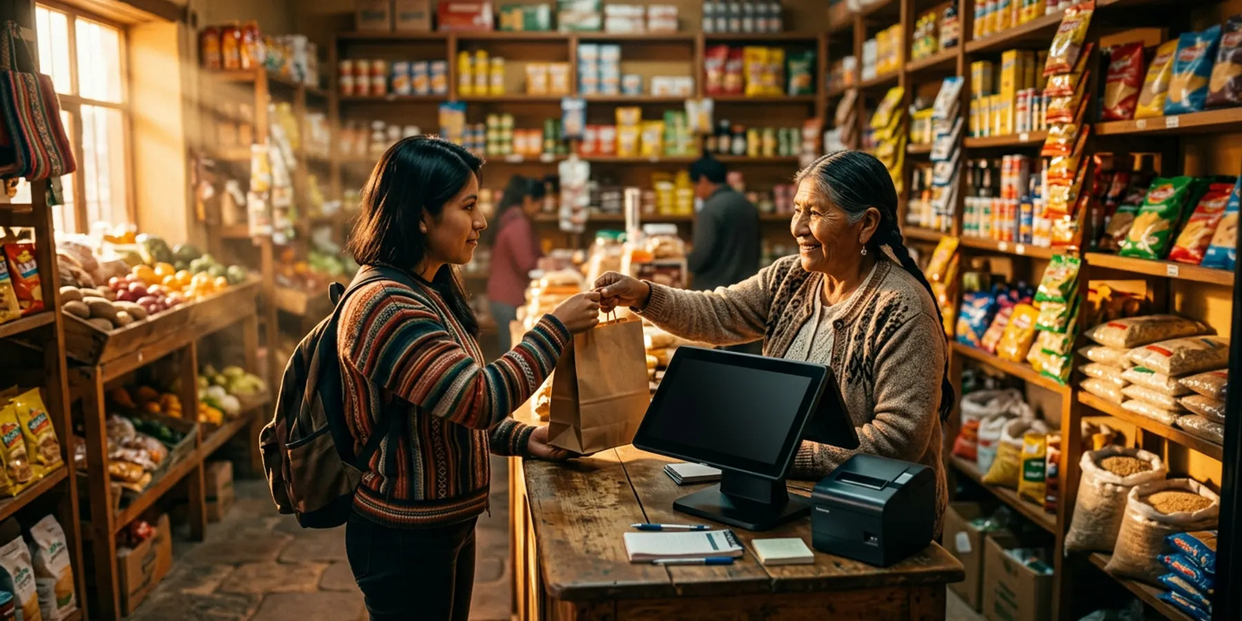 Bodeguera atendiendo a una clienta en su mostrador, con el punto de venta al lado